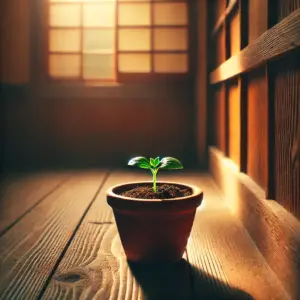 『ひらやすみ』の“平屋”に込められた意味を象徴する画像。静かな部屋の隅で、小さな植木鉢から新しい芽が力強く芽吹いている。