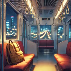 わた恋1話の名シーンをイメージした、夕方の電車内の画像。2つ並んだ座席が、れな子と朱音の縮まらない距離感を表現している。