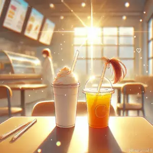 わた恋の伏線である「言葉にならない仕草」を表現した画像。カフェのテーブルで、無意識に結ばれたストローの袋が、キャラクターの隠れた恋心や緊張を象徴している。