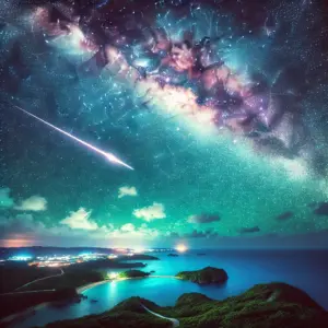 沖縄の美しい星空。天の川がくっきりと見え、流れ星が一つ流れている。壮大で感動的な風景。