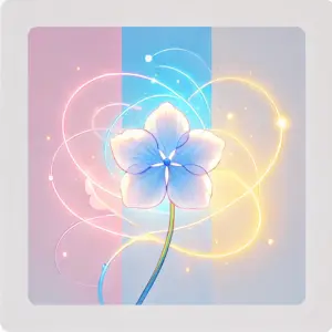 わた恋の三角関係を象徴するイラスト。中央に置かれた一輪の紫陽花から、ピンク・水色・空色の3色のリボンがそれぞれ違う方向へ伸びている。