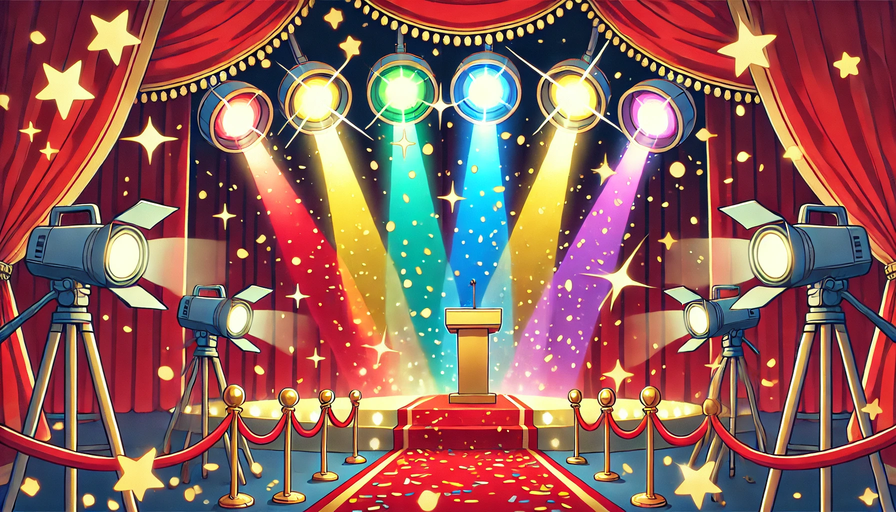 アニメイベント「松デミー賞」をイメージした授賞式のステージ。赤いカーペットに6色のスポットライトが当たり、金色の紙吹雪が舞う華やかなイラスト。
