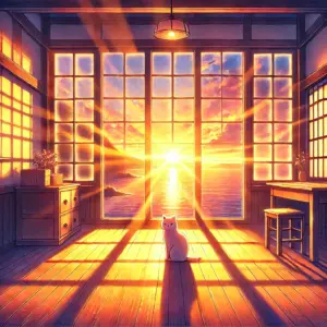 一松とエスパーニャンコの和解を象徴する画像。夕暮れの光が差し込む部屋の窓辺に、猫のクッションが置かれている。