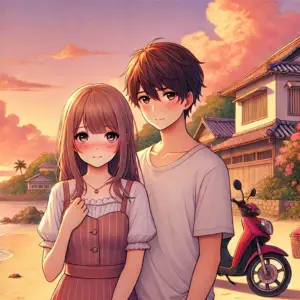 「沖ツラ」比嘉さんと付き合うことで感じる、もどかしい恋の距離感を描いたアニメ風イラスト。沖縄の夕暮れのビーチに佇むシャイなカップルの姿。