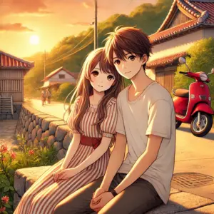 「沖ツラ」比嘉さんと付き合うことで生まれる、穏やかな関係性を象徴するアニメ風カップルイラスト。沖縄の夕暮れ、石垣の上に座って語らう二人と赤いスクーターが印象的。