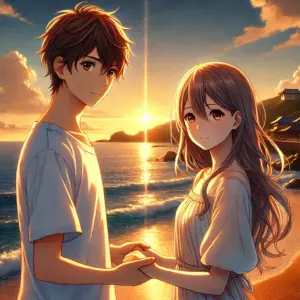 「沖ツラ」比嘉さんと付き合うカップルが、沖縄の夕焼けの海辺で手をつなぎながら見つめ合うアニメ風イラスト。深い信頼と静かな愛情を表現。