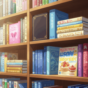 図書室の本棚に、恋愛小説や哲学書、スポーツ雑誌など様々なジャンルの本が並んでいるイラスト。『黒岩メダカに私の可愛いが通じない』の登場人物たちの多様な個性を、本の種類で表現している。
