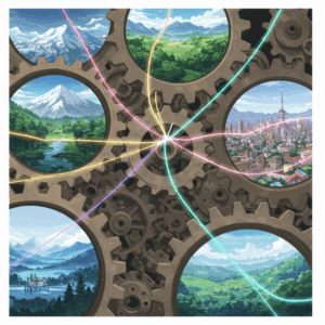 『Ringing Fate』の世界観を示す、複雑に絡み合う歯車のイラスト。キャラクターたちのそれぞれの運命が、大きな物語の中で繋がっていることを象徴している。