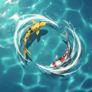 『Ringing Fate』の圧巻の作画クオリティを示す、二匹の鯉が優雅に泳ぐイラスト。水面に残る光の軌跡が、アニメーションの動きの美しさを表現している。