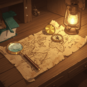 『Ringing Fate』をこれから楽しむ初心者に向けて、宝の地図と虫眼鏡、ランタンが置かれているイラスト。物語の謎を解き明かしていく冒険の始まりを象徴している。
