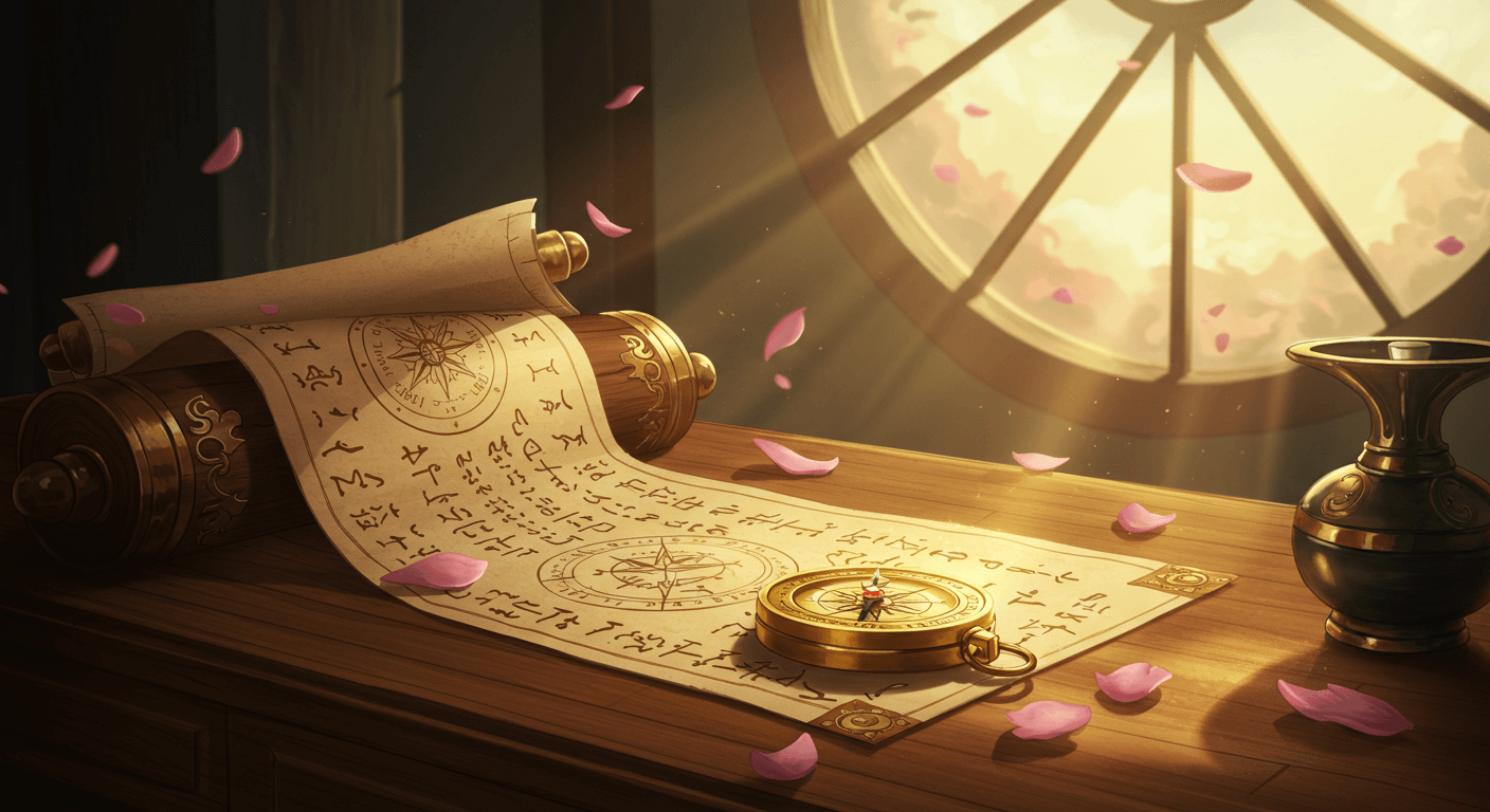 『Ringing Fate』を象徴する、古代の巻物と光る羅針盤のイラスト。壮大な運命の物語が始まる予感をさせる。