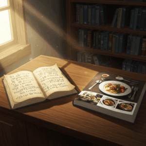 図書館の机に、数式の巻物と料理のレシピ本が並んで置かれ、光が差し込んでいる。