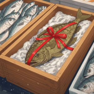 魚屋に並ぶ立派な甘鯛。プレゼントのように美しい赤いリボンが結ばれている。