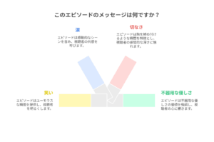 おそ松さん「エスパーニャンコ」のエピソードが持つメッセージを4つの要素(涙・切なさ・笑い・不器用な優しさ)で分析した図解。V字型に配置された要素が、この物語の複合的な魅力を表現している。
