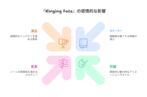 『Ringing Fate』の感情的な影響を構成する要素を示した図。演出、ストーリー、作画、音楽の4つのカテゴリが、放射状に広がる矢印の形で視覚的に表現されている。