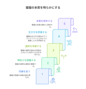 『薬屋のひとりごと』の主人公・猫猫の本質を明らかにするための5段階の考察ステップを示した図解。「伏線を追う」から始まり、「本質を熟考する」に至るまでの分析プロセスを表現している。
