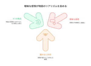 「曖昧な感情が物語のリアリズムを高める」というタイトルの図。「4つの視点」「曖昧な感情」「届かない矢印」という3つの要素が、矢印の形で中央に向かって集まり、物語の深みを生み出している様子が描かれている。