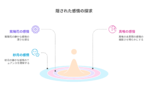 「隠された感情の探求」というタイトルの図。中央の水面に一滴の雫が落ちて波紋が広がっている。その波紋から点線が伸び、紫陽花・真唯・紗月の感情を表すアイコンに繋がり、それぞれの心の奥を探る様子が描かれている。