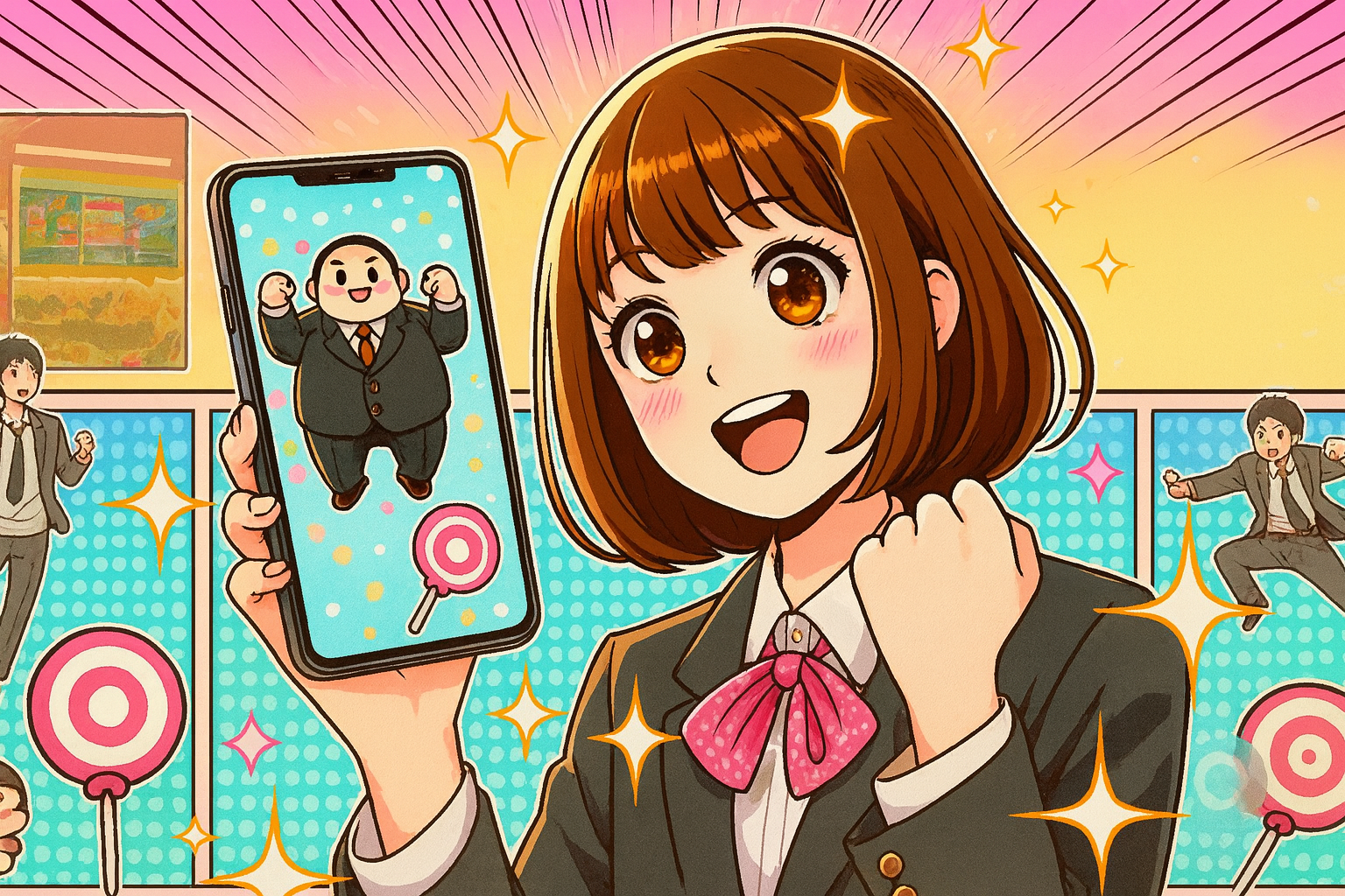 アニメ風の女の子が「サカモトデイズ」の漫画が映ったスマホを見て驚き、その後ろでコンビニのマークやロリポップを背景に笑顔でガッツポーズする様子。