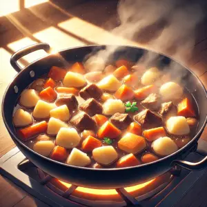 「フェルマーの料理」のイメージ。黒いフライパンで、肉じゃがが美味しそうに煮えている。