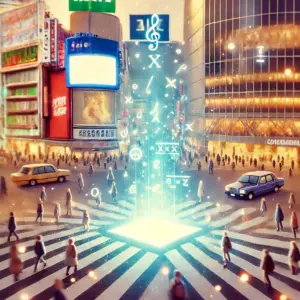 「フェルマーの料理」のイメージ。渋谷スクランブル交差点の中心に、数学の数式と料理のアイコンが輝いている幻想的なイラスト。