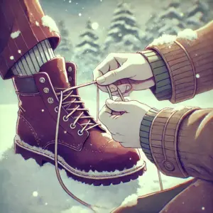 雪道で、ギルバートがアンのブーツの前に屈み、ほどけた靴紐を優しく結んであげている手元のクローズアップ。