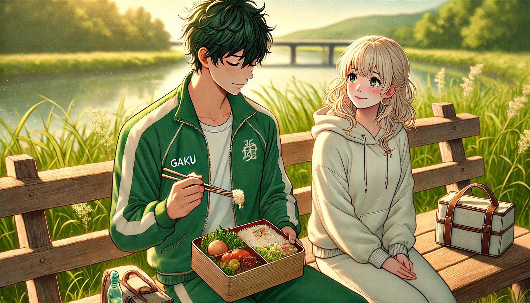 アニメ『フェルマーの料理』5話-川土手のベンチで亜由の手作り弁当を食べる岳と優しく見守る亜由