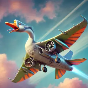 合体・マシン系キャラクター、ボンボンビーニ・グズィーニのイメージ画像。ガチョウと戦闘機が合体した、コミカルでシンプルなカートゥーンイラスト。
