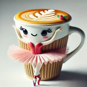 カフェ系キャラクター、バレリーナ・カプチーナのイメージ画像。カプチーノカップがバレリーナの衣装を着て、優雅にポーズをとっている可愛いイラスト。