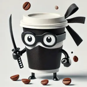 カフェ系キャラクター、カプチーノ・アサシーノのイメージ画像。コーヒーカップが忍者のような衣装をまとった、クールでスタイリッシュな紳士のイラスト。
