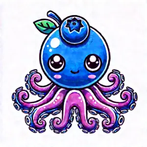 キャラクター、ブルーベリーニ・オクトパシーニのイメージ画像。頭が大きなブルーベリーになっているタコが描かれた、カラフルで可愛いイラスト。