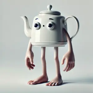 キャラクター、タタタタタタタ・サフールのイメージ画像。手足が生えたティーポットが、楽しそうに歩いている可愛いカートゥーンイラスト。