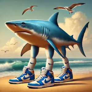 スニーカーを履いたサメのキャラクター「Tralalero(トララレロ)」が砂浜に立っている画像