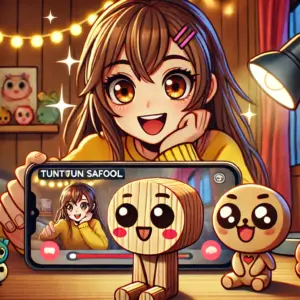スマホとキャラクターフィギュアを使って、トゥントゥントゥンサフールの動画を楽しく撮影している人のイラスト