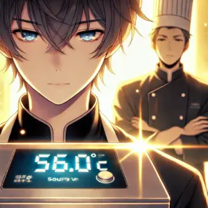 アニメ「フェルマーの料理」をイメージしたイラスト。ウォーターバスを見つめる岳と、それを見守る海。