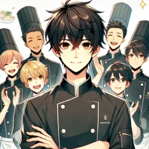 アニメ「フェルマーの料理」をイメージしたイラスト。黒い調理服を着て微笑む岳と、彼を祝福する仲間たち。