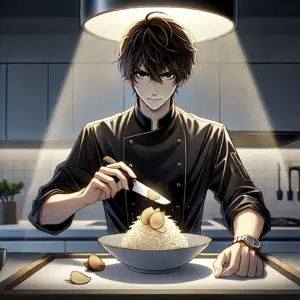 アニメ「フェルマーの料理」をイメージしたイラスト。師匠の海が、完成した卵かけご飯に白トリュフを削っている。鋭い目つきで見つめている。