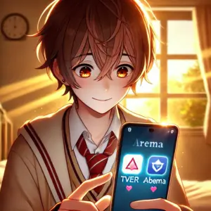 アニメ『フェルマーの料理』をイメージしたイラスト。主人公の岳がスマホでTVerとABEMAの配信情報を確認している。