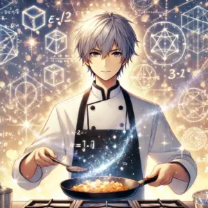 アニメ『フェルマーの料理』をイメージしたイラスト。主人公の岳が、数学の知識を使いながら料理をしている。