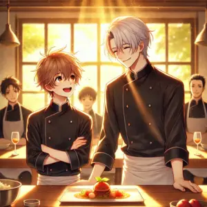 アニメ『フェルマーの料理』をイメージしたイラスト。主人公の岳と師匠の海、そして仲間たちが幸せそうに微笑んでいる