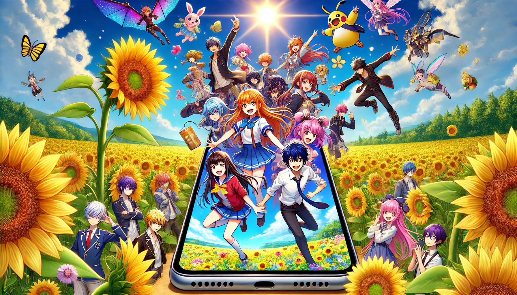 2025年夏アニメをHuluで視聴するイメージ。スマホからたくさんのアニメキャラクターが飛び出し、夏の青空が広がっている画像。