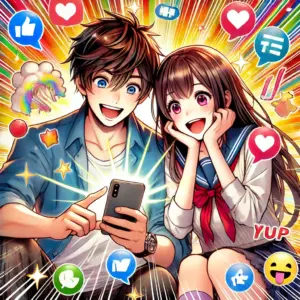 話題のアニメをスマホで見てSNSで盛り上がる若者たちのイラスト。