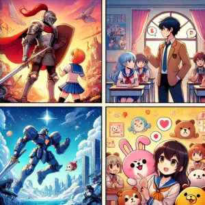 アニメの様々なジャンル(ファンタジー、ラブコメ、バトル、日常)を表現した4分割のイラスト。
