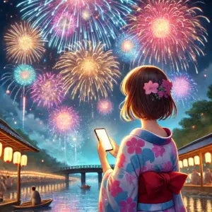 夏の夜空の花火を見上げるアニメキャラクターのイラスト。未来への希望を感じさせる。