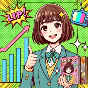 右肩上がりのグラフや単行本の山を背景に、アニメ風の女の子が「サカモトデイズは安泰」と親指を立てているイラスト。