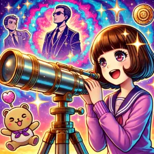 アニメ風の女の子が望遠鏡で「サカモトデイズ」の明るい未来を覗き込んでいるイラスト。望遠鏡の先には坂本さんを思わせるシルエットやロリポップが輝いている。