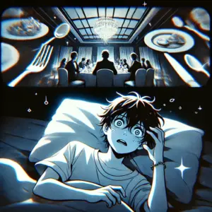 「ベッドで悪夢にうなされ、冷や汗をかく岳。授賞式の料理が作れない悪夢を見ている。」