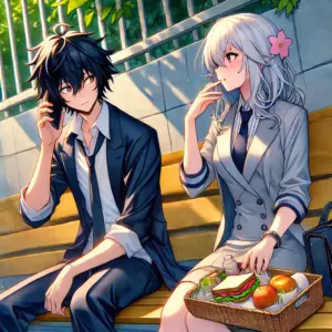 ベンチに並んで座る黒髪の青年と白髪の女性。青年はスマートフォンを耳に当て、女性は少し気にかけるような表情でサンドイッチの入った籠に手を伸ばしている。