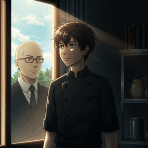 アニメ「フェルマーの料理」をイメージしたイラスト。厨房で決意の表情を浮かべる岳と、窓に反射するライバルの姿。