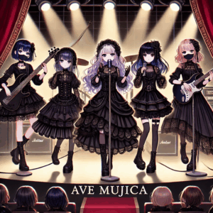 Ave Mujica 読み方は“アーヴェ・ムジカ”。黒いドレスとマスク姿の5人組バンドがステージで演奏する神秘的なシーン。